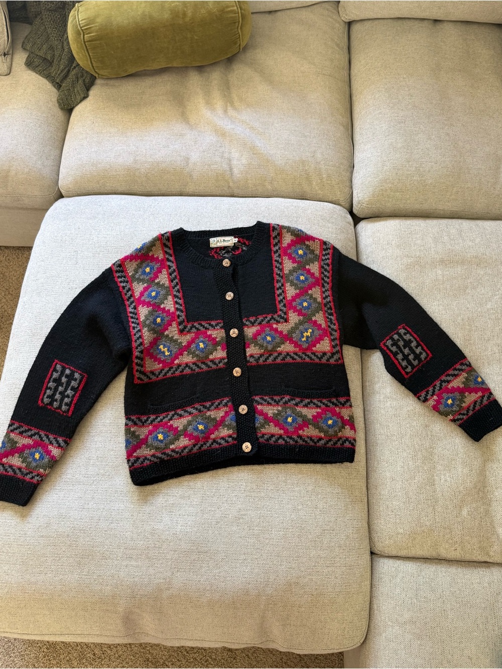 Vintage L.L. Bean Black Cardigan with Pink, Red and Green Geometric Pattern